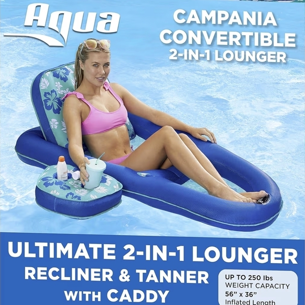 Aqua Blue Inflatable Pool Lounger with Floral Backrest and Caddy